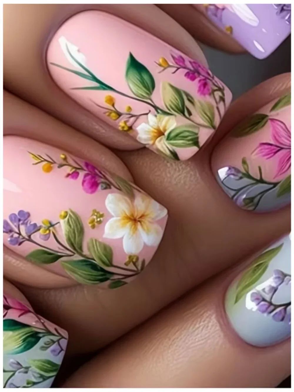 NWT Floral Press On Nails Soft Pink Spring Botanical Square Medium Faux Set